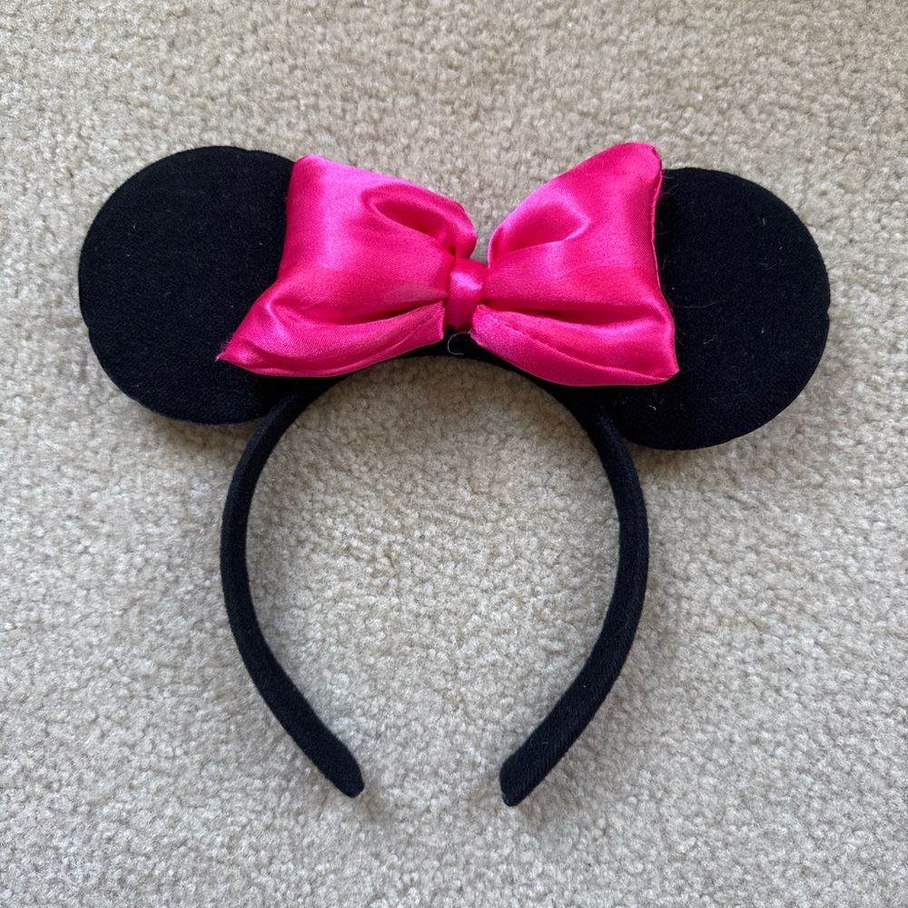 Black Minnie Mouse Style Headband with Hot Pink Satin Bow